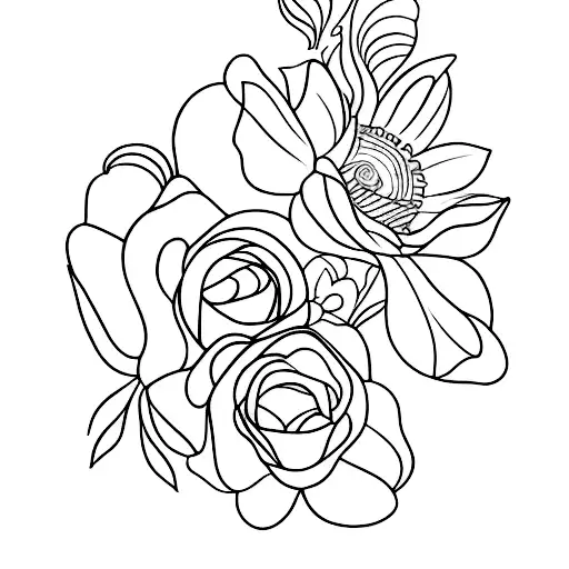 banjo, as the neck goes up it turns into wild flowers, thin line tattoo design idea