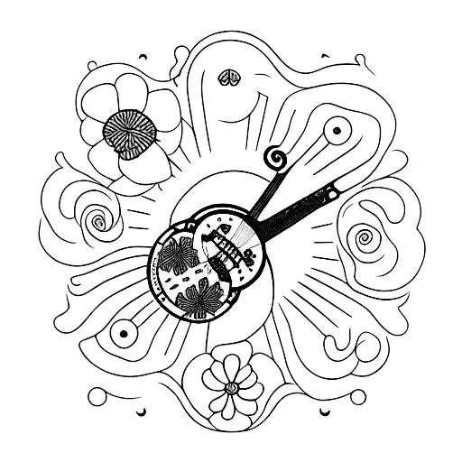 a banjo as the neck goes up it turns into wild flowers, thin line tattoo design idea