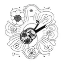 a banjo as the neck goes up it turns into wild flowers, thin line tattoo design idea