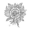 a banjo as the neck goes up it turns into wild flowers, thin line tattoo design idea