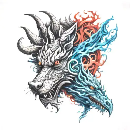 dragon and wolf face tattoo design idea
