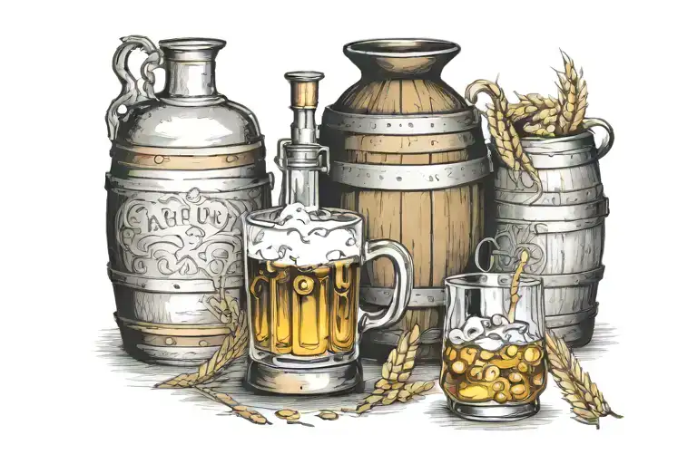 barley, water, yeast, copper pot still, barrel and whisky glass tattoo design idea