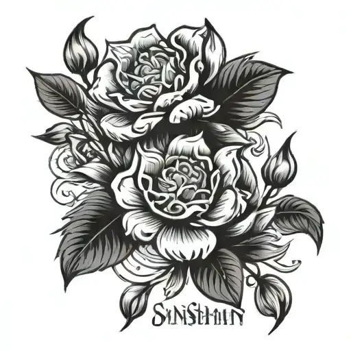 Pair tattoo for friends. Black and white in the style of Opium with the inscription: "Sanshain community" tattoo design idea