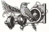 A sketch style tattoo of a bird with headphones on, perched on a barber pole tattoo design idea