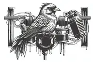 A sketch style tattoo of a bird with headphones on, perched on a barber pole tattoo design idea