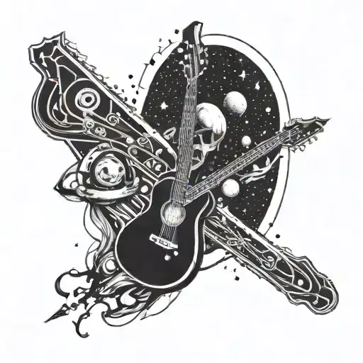 A cosmic guitar merging with a spaceship, symbolizing the client's love for music and space exploration tattoo design idea