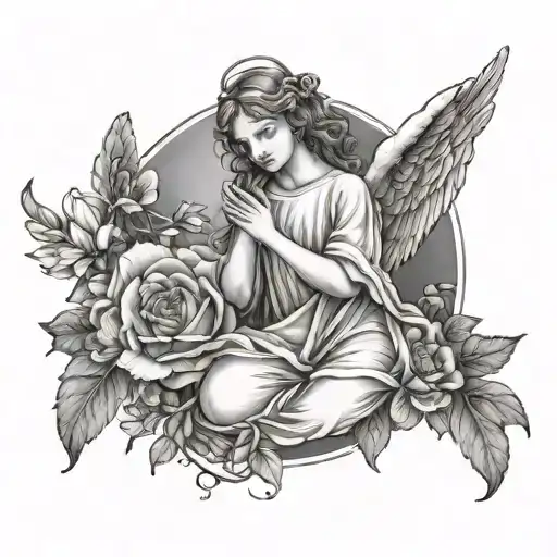 angel with its hand on Earth. Earth covered in flowers tattoo design idea