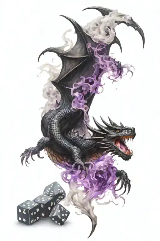 Black Dragon behind DM screen with Claw full of Dice and purple smoke  tattoo design idea