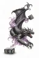 Black Dragon behind DM screen with Claw full of Dice and purple smoke  tattoo design idea