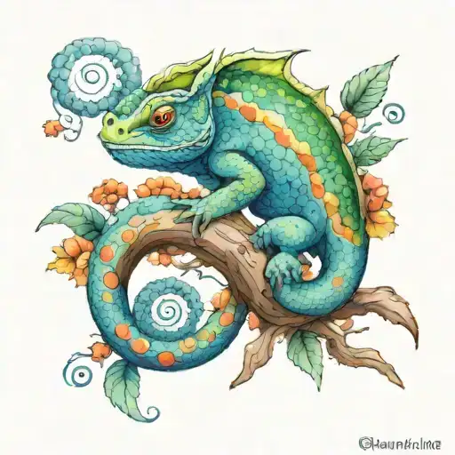 A watercolor chameleon climbing tattoo design idea