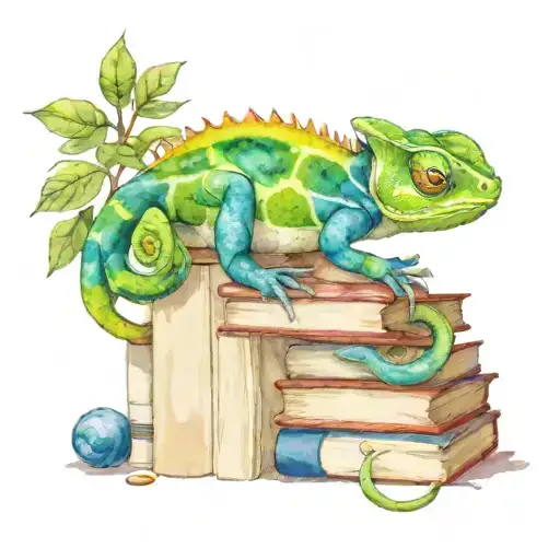 A watercolor chameleon blending into a stack of books, symbolizing the client's love for reading and nature tattoo design idea
