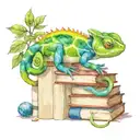 A watercolor chameleon blending into a stack of books, symbolizing the client's love for reading and nature tattoo design idea