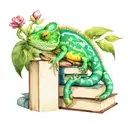 A watercolor chameleon blending into a stack of books, symbolizing the client's love for reading and nature tattoo design idea