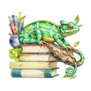 A watercolor chameleon blending into a stack of books, symbolizing the client's love for reading and nature tattoo design idea