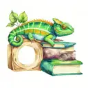 A watercolor chameleon blending into a stack of books, symbolizing the client's love for reading and nature tattoo design idea