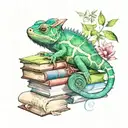 A watercolor chameleon blending into a stack of books, symbolizing the client's love for reading and nature tattoo design idea