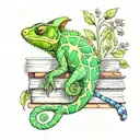 A watercolor chameleon blending into a stack of books, symbolizing the client's love for reading and nature tattoo design idea