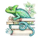 A watercolor chameleon blending into a stack of books, symbolizing the client's love for reading and nature tattoo design idea