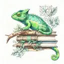 A watercolor chameleon blending into a stack of books, symbolizing the client's love for reading and nature tattoo design idea