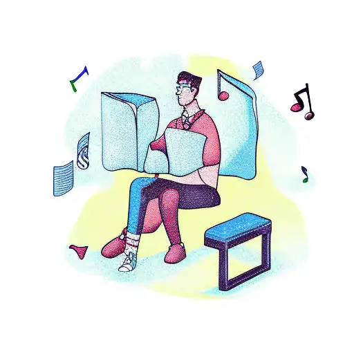 A tattoo of a student studying under a tree with music notes and wrestling gear scattered around, showcasing the client's dedication to education and hobbies tattoo design idea