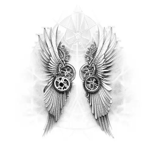A visually striking design of a pair of wings with gears and mechanical elements, symbolizing the client's passion for religious teachings and their dedication to their work as a fighter. tattoo design idea