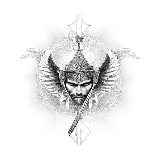 A powerful and intricate design of an angelic warrior engaged in a fierce battle, representing the client's passion for religious beliefs and fighting spirit. tattoo design idea