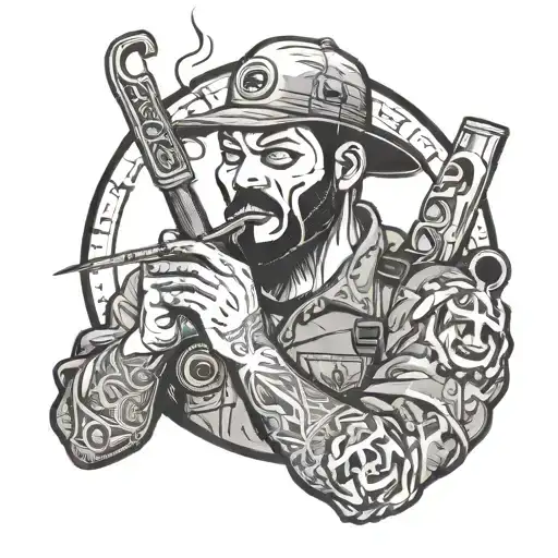 A maintenance worker holding a smoking tool surrounded by ghostface movie symbols tattoo design idea