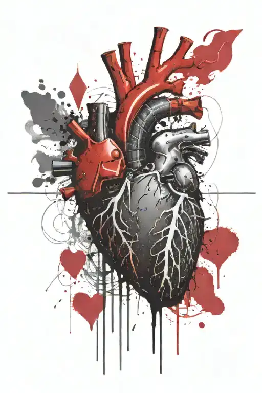 “Anatomical heart exploding from the center, horizontal shockwave, many details, highly realistic, black and red colors, tattoo design idea