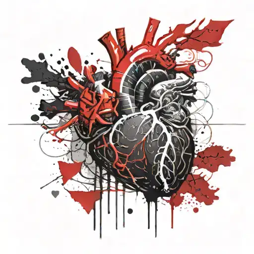 “Anatomical heart exploding from the center, horizontal shockwave, many details, highly realistic, black and red colors, tattoo design idea