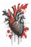 “Anatomical heart exploding from the center, horizontal shockwave, many details, highly realistic, black and red colors, tattoo design idea