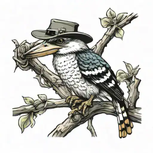 kookaburra wearing a wide brim hat sitting on a branch with a frog next to him playing the banjo  tattoo design idea