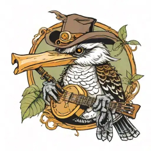 kookaburra wearing a wide brim hat with a frog next to him playing the banjo tattoo design idea