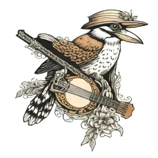 kookaburra wearing a wide brim hat playing the banjo tattoo design idea