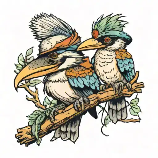 kookaburra wearing a wide brim hat sitting on a branch with a frog next to him playing the banjo  tattoo design idea