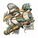 kookaburra wearing a wide brim hat sitting on a branch with a frog next to him playing the banjo  tattoo design idea