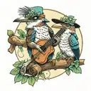 kookaburra wearing a wide brim hat sitting on a branch with a frog next to him playing the banjo  tattoo design idea