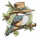 kookaburra wearing a wide brim hat sitting on a branch with a frog next to him playing the banjo  tattoo design idea