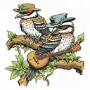 kookaburra wearing a wide brim hat sitting on a branch with a frog next to him playing the banjo  tattoo design idea