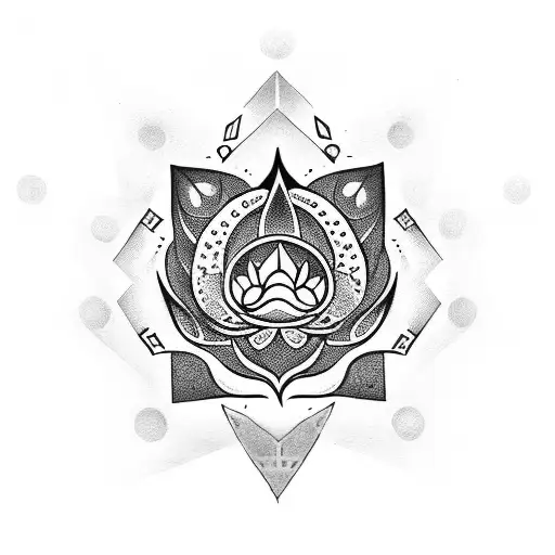 calf tattoo with a geometric lotus, with a dog paw print, with symbols of peace, socializing and strength tattoo design idea