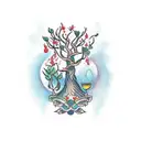 A traditional style tattoo of a tree with branches shaped like different types of food, symbolizing the client's connection to nature and love for culinary arts tattoo design idea