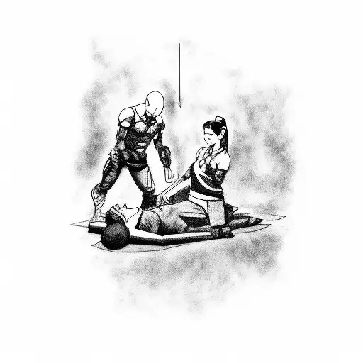 A physical therapist healing a wounded warrior in a Skyrim-inspired scene tattoo design idea