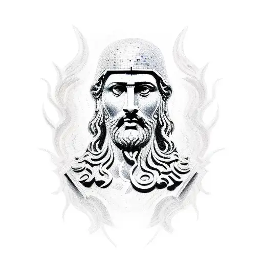 Craft a mosaic-style tattoo featuring an ancient Greek or Roman figure like Galen, known for his work in anatomy, surrou tattoo design idea