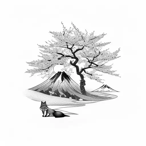 Fox, Mount Fuji, Cherry Blossom Tree tattoo design idea