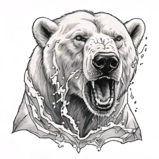 polar bears face roaring, that has a scar on it's face and is breaking through ice tattoo design idea