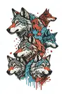 head of a wolf with blue and red splatter accent and a family of 7 with a father a mother 3 girls 1 boy and 1 baby  tattoo design idea