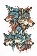 head of a wolf with blue and red splatter accent and a family of 7 with a father a mother 3 girls 1 boy and 1 baby  tattoo design idea