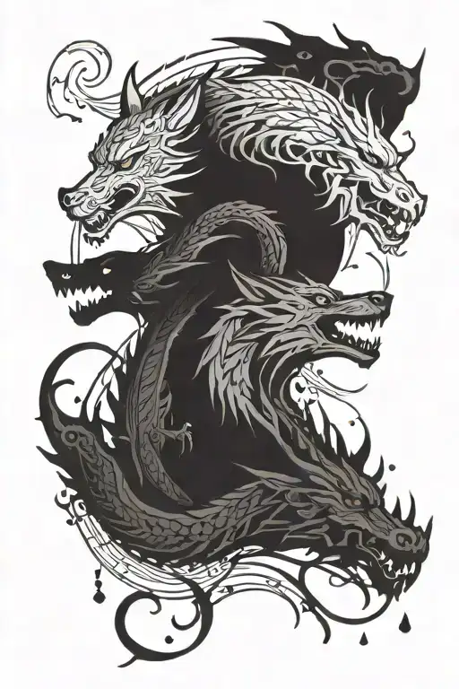 dragon and wolf standing tattoo design idea