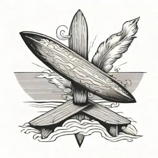 PLAGE DE SABLE AVEC UNE PLANCHE DE SURF. AU DESSUS DE CETTE PLAGE, IL YA UNE CROIX CHRETIENNE ET DES AILES D ANGE tattoo design idea