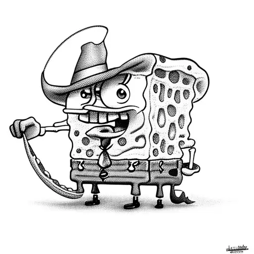 SpongeBob SquarePants wearing a cowboy hat and holding a pizza box tattoo design idea