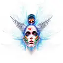 an angel with 6 wings, the wings covered in eyes. the head is covered in fire tattoo design idea